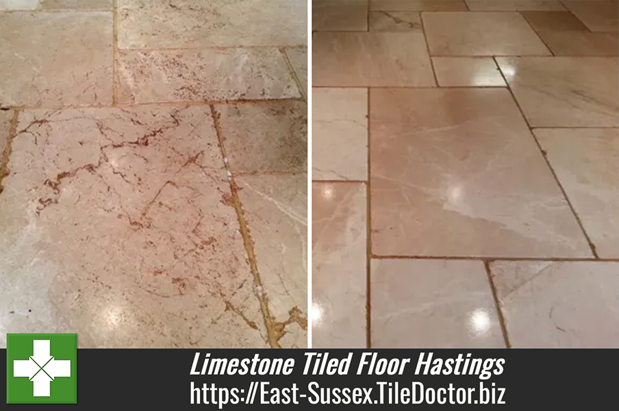 Limestone Tiled floor cleaned and polished in Hastings