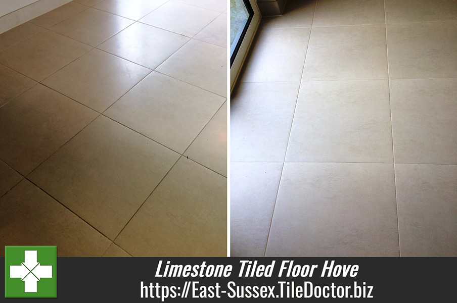 Cleaning and Grout Colouring of a Limestone tiled floor in Hove East Sussex