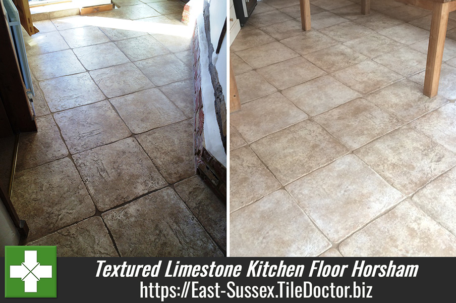 Deep Cleaning a Textured Limestone Kitchen floor in Horsham