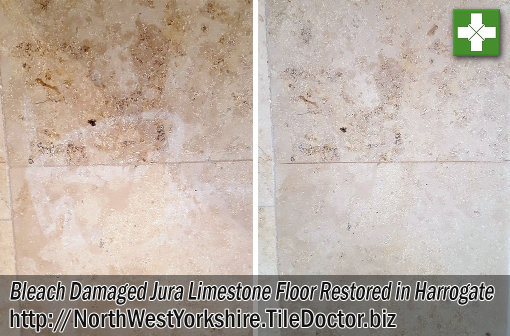 Bleach Damaged Jura Limestone Floor Before and After Renovation in Harrogate
