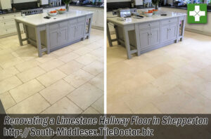 Limestone Tiled Hallway Floor Renovated in Shepperton
