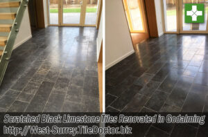 Scratched Black Limestone Tiled Kitchen Floor Before After Renovation Godalming